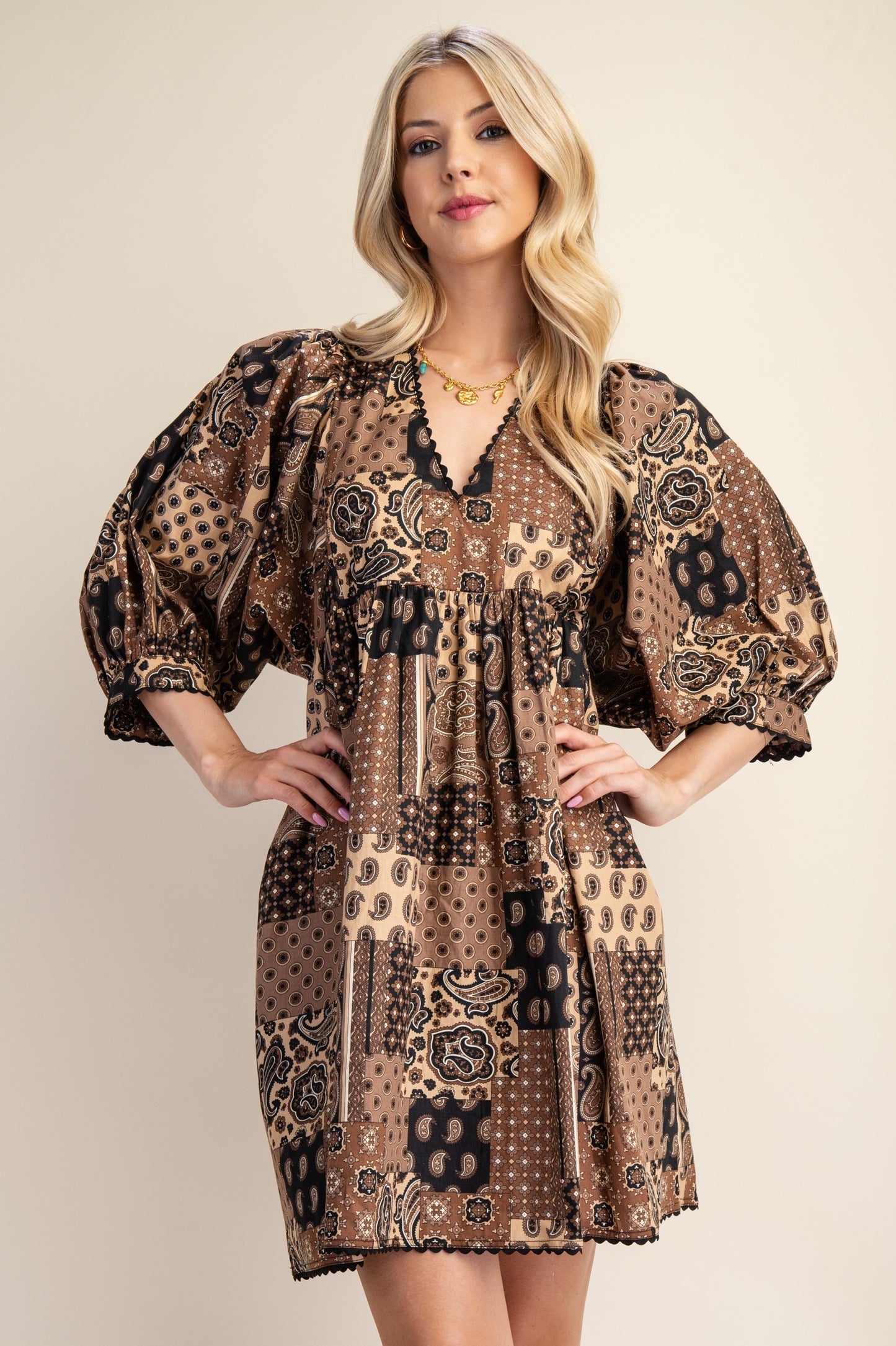 Ava Brown Paisley Print Mini Dress