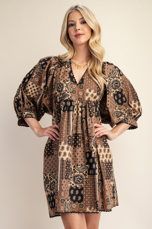 Ava Brown Paisley Print Mini Dress