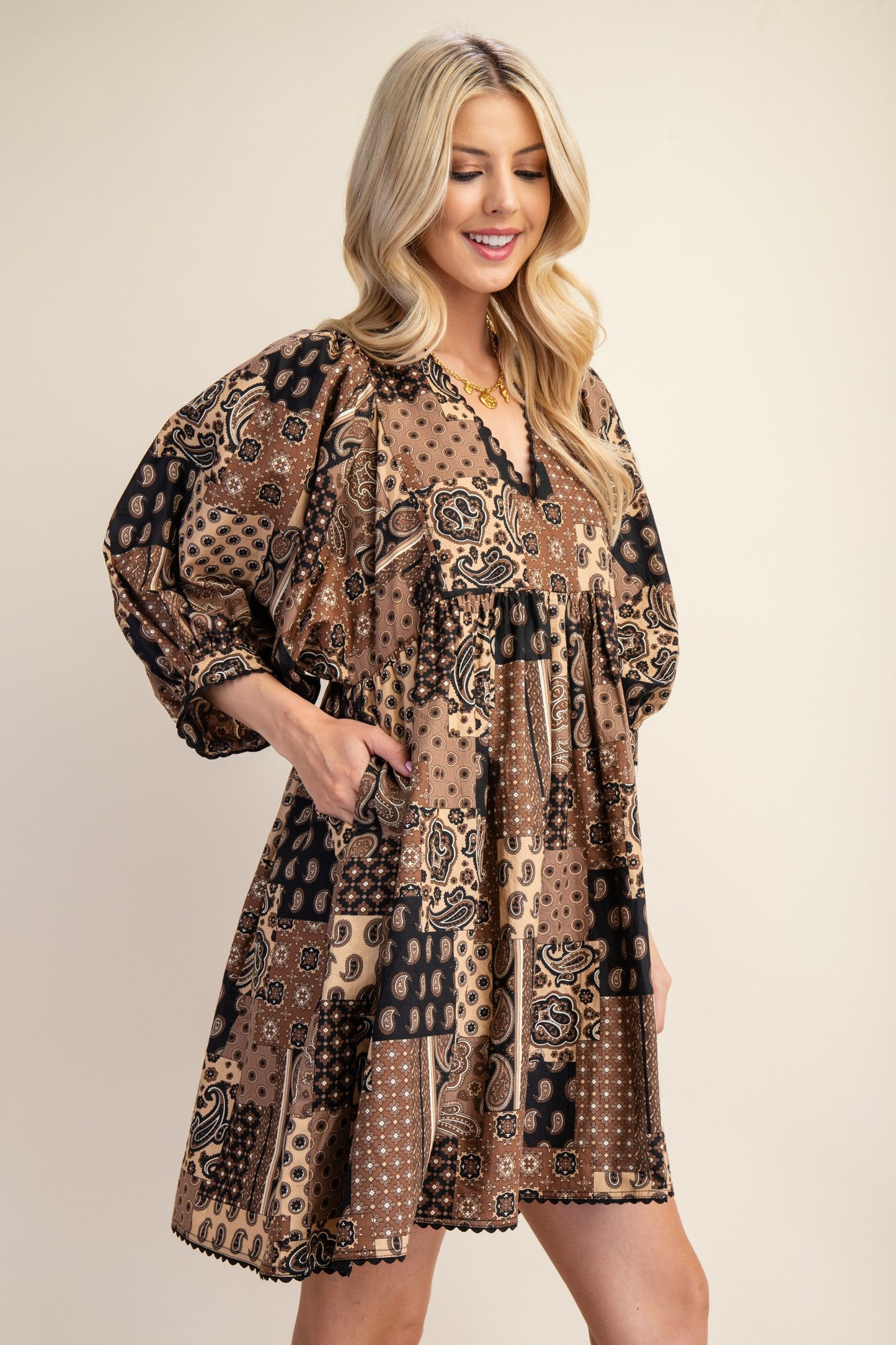 Ava Brown Paisley Print Mini Dress