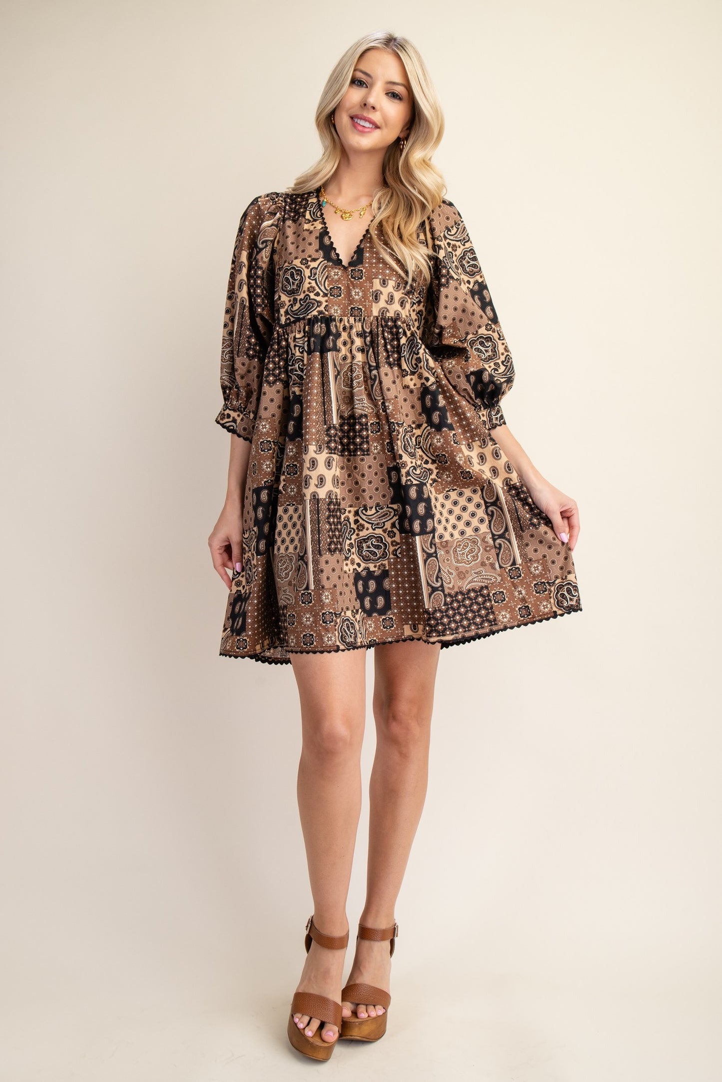 Ava Brown Paisley Print Mini Dress