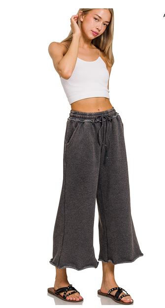 ACID WASH FLEECE PALAZZO SWEATPANTS (ASH BLACK)