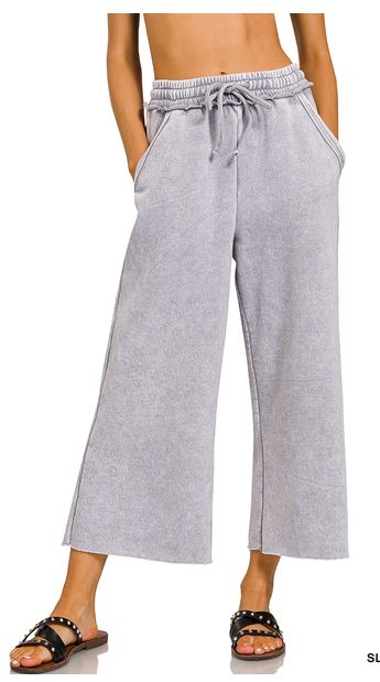 ACID WASH FLEECE PALAZZO SWEATPANTS (SLEET)