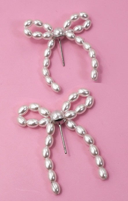 Pearl Bead Bow Ribbon Earrings