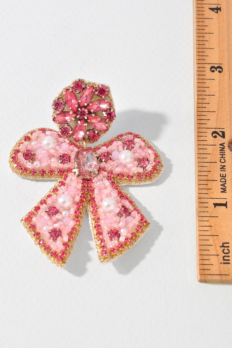 PINK RHINESTONE  RIBBON POST EARRINGS