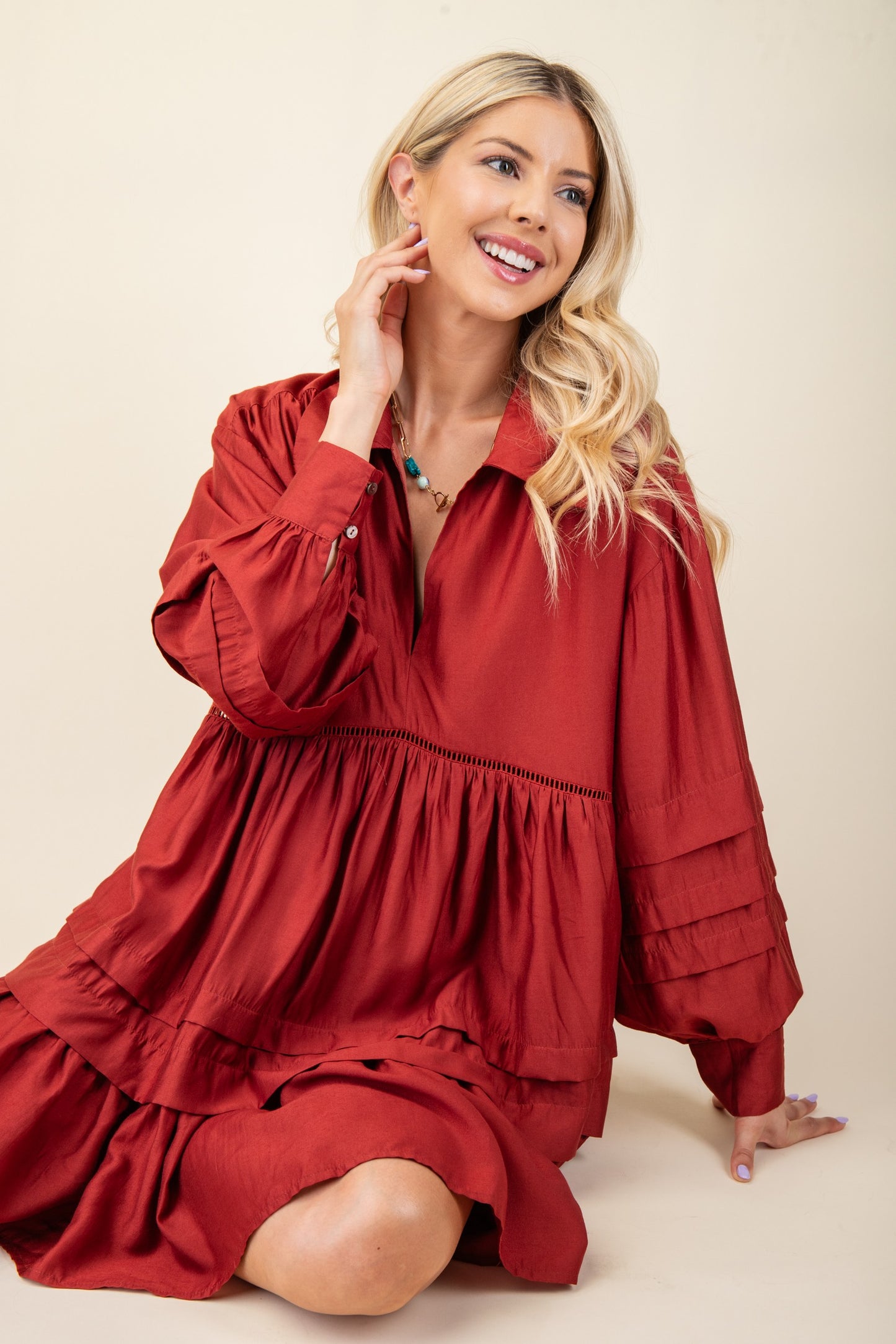 Brick Pleated Long Sleeve Dress