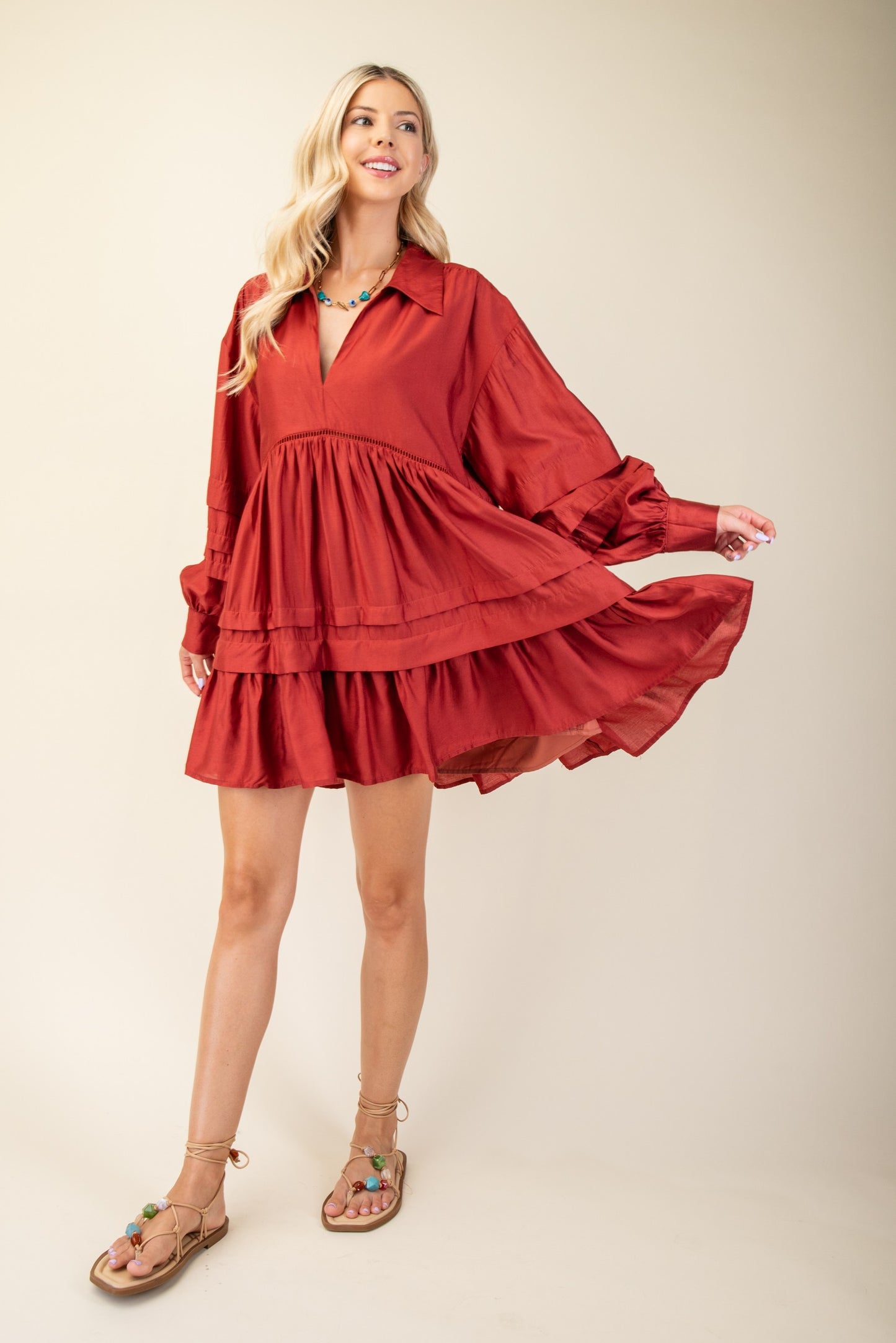 Brick Pleated Long Sleeve Dress