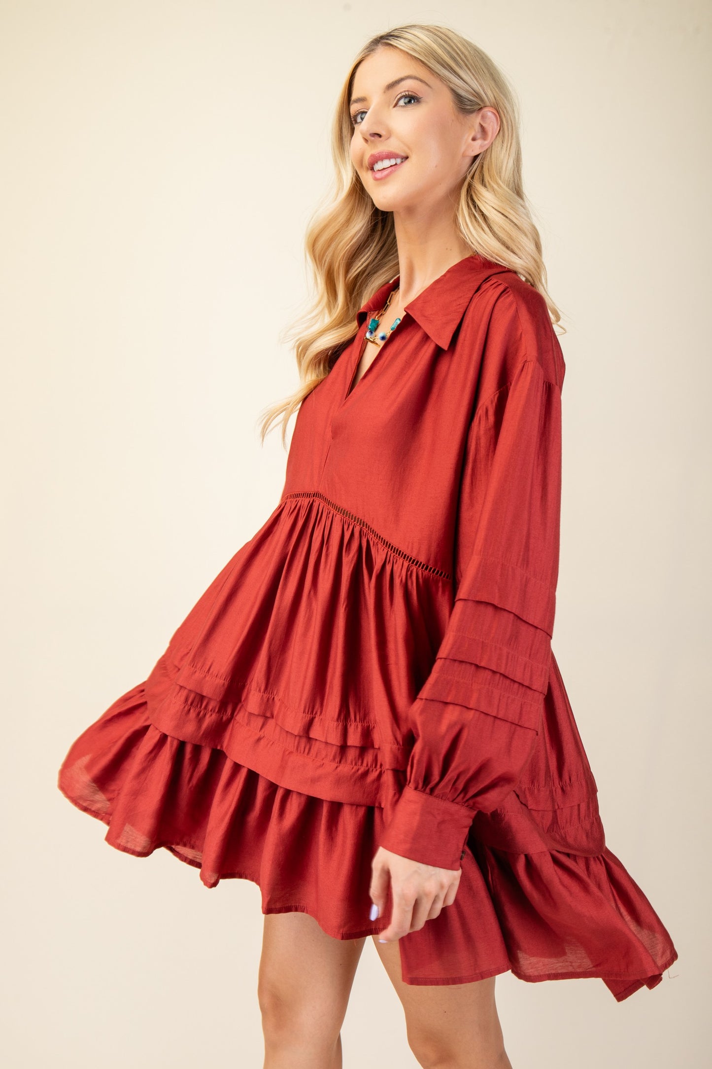 Brick Pleated Long Sleeve Dress