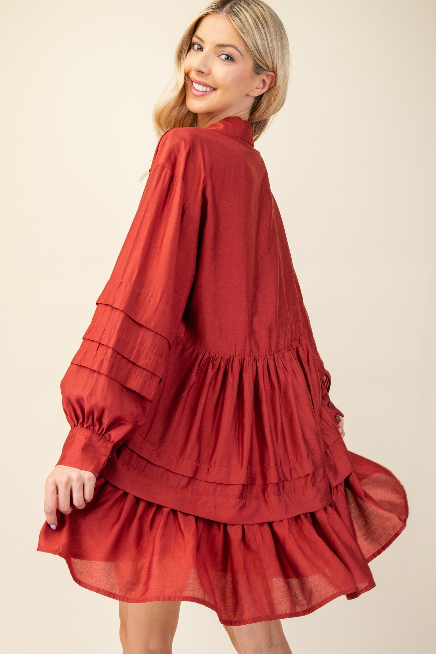 Brick Pleated Long Sleeve Dress