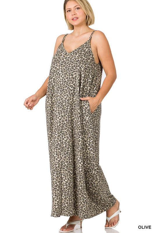 Plus Soft French Olive Leopard Cami Maxi Dress