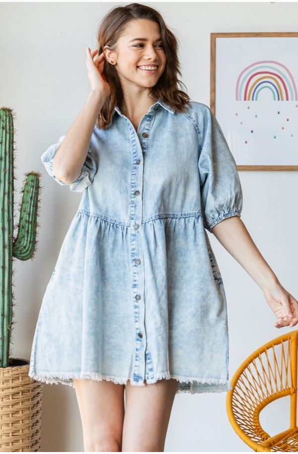 Puff Sleeve Denim Button Down Dress