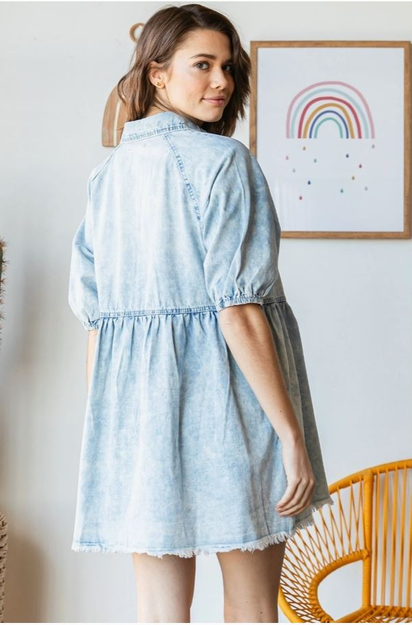 Puff Sleeve Denim Button Down Dress