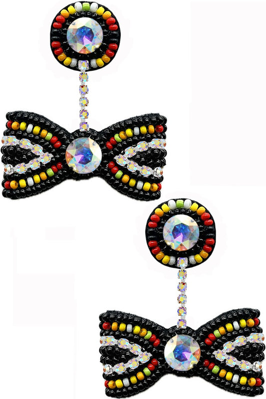 RHINESTONE SEED BEADS RIBBON EARRING BLACK