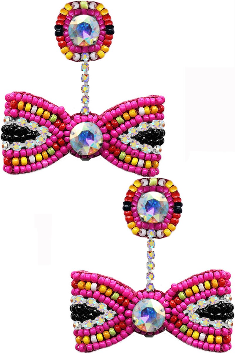 RHINESTONE SEED BEADS RIBBON EARRING PINK