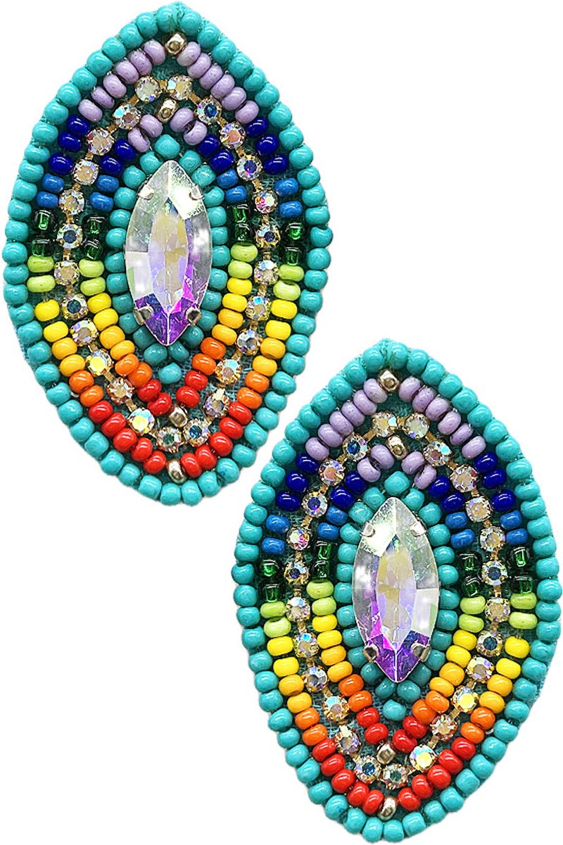 Rhinestone Marquis Shape Bead Stud Earrings Turquoise