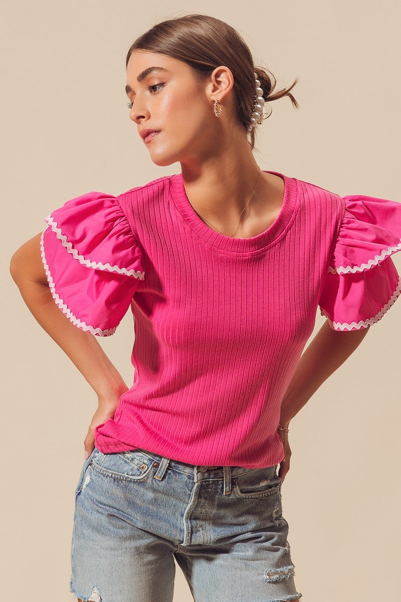 RIC RAC TRIM RUFFLED SLEEVE RIB KNIT TOP