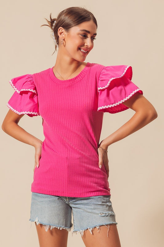 RIC RAC TRIM RUFFLED SLEEVE RIB KNIT TOP