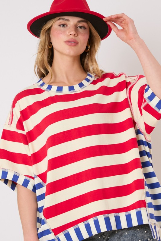 Reba Red Stripes Mixed Short Sleeve Top