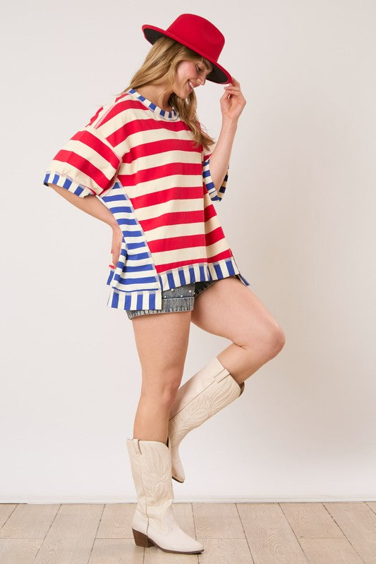 Reba Red Stripes Mixed Short Sleeve Top