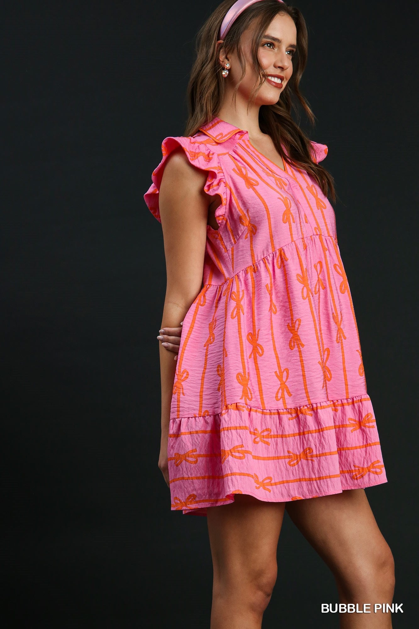 Ribbon Print Bubble Pink Collared Dress