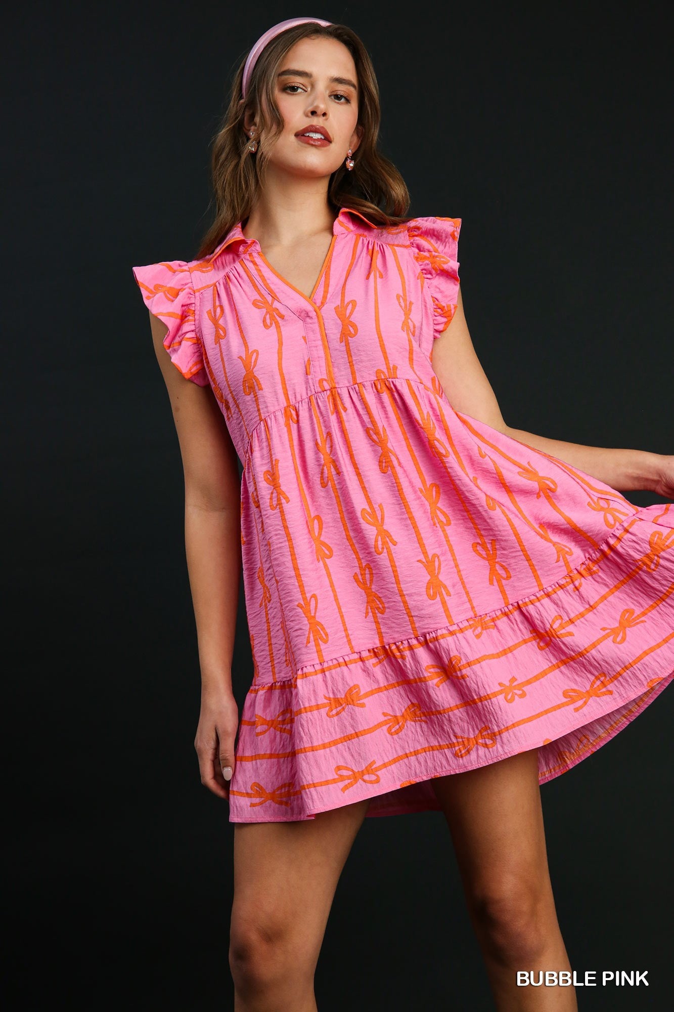 Ribbon Print Bubble Pink Collared Dress