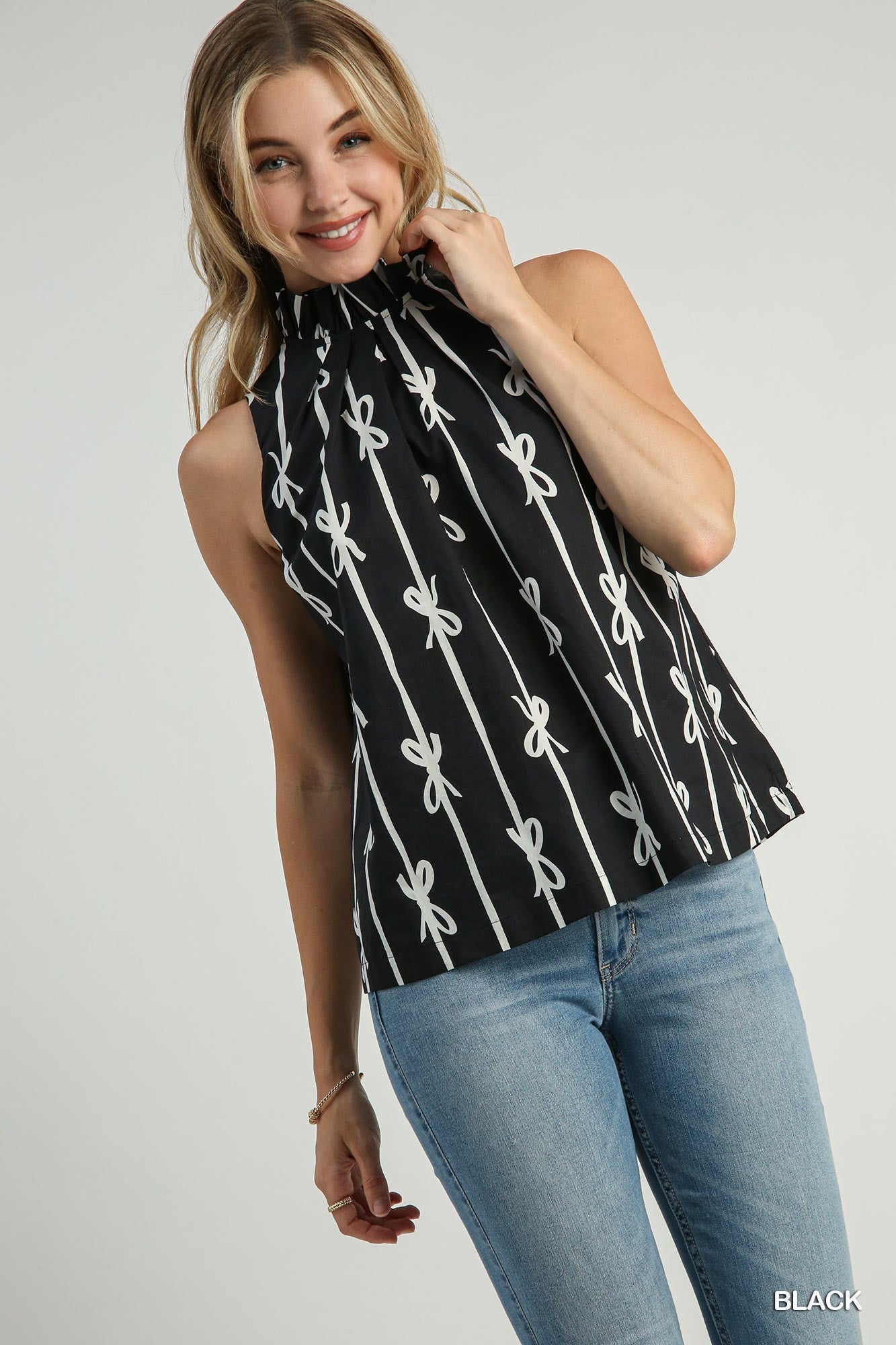 Ribbon Print Back Bow Tie Top