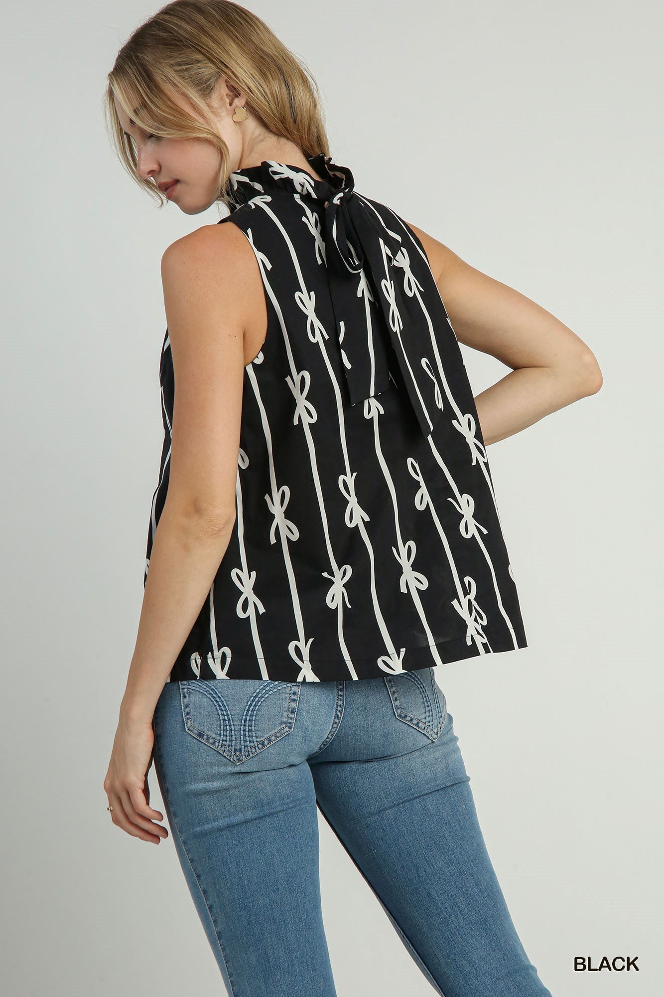 Ribbon Print Back Bow Tie Top