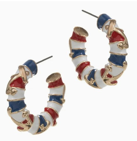 Round Anchor W Stripe Enamel Summer Hoop Earrings