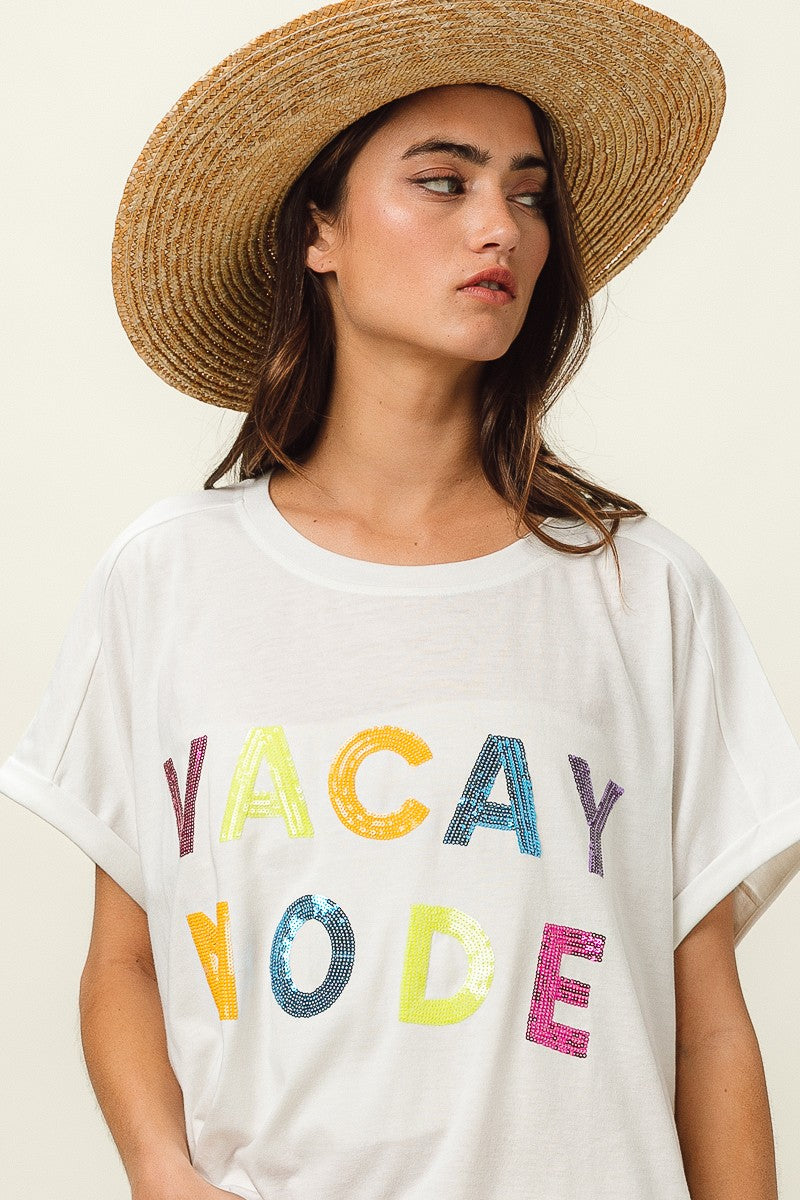 SEQUIN VACAY MODE SHORT SLEEVE FRENCH TERRY TOP