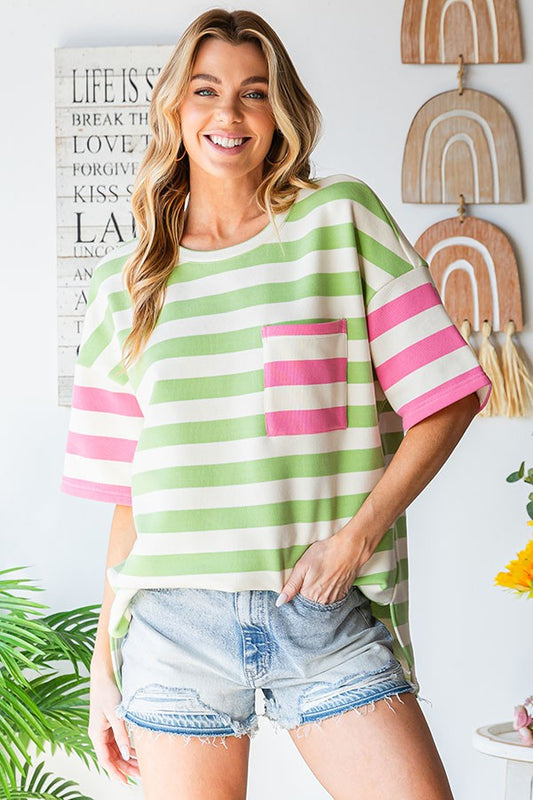 Miley Striped Color Block Short Sleeve Pocket Top