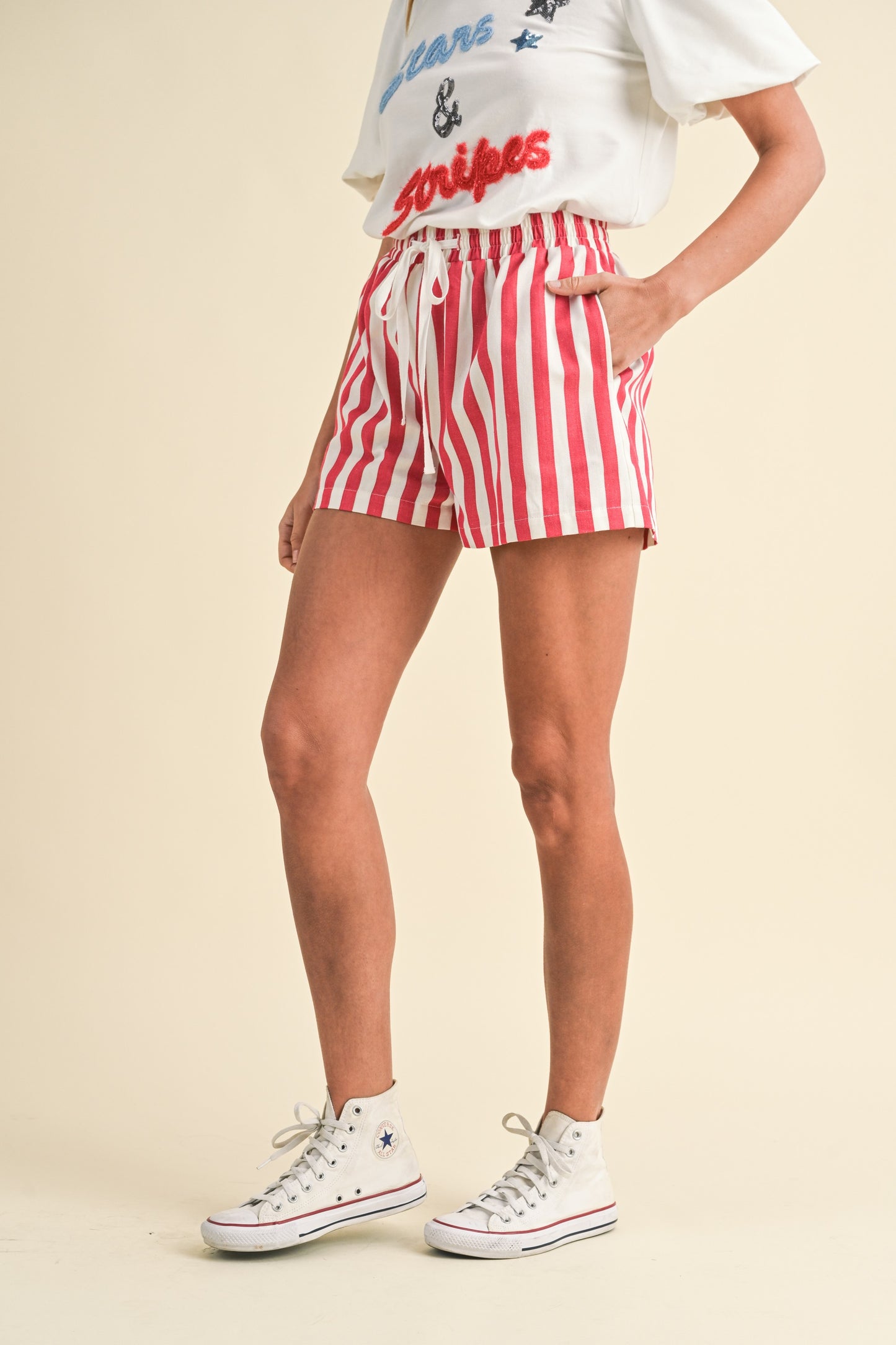 STRIPE TWILL DENIM SHORTS RED