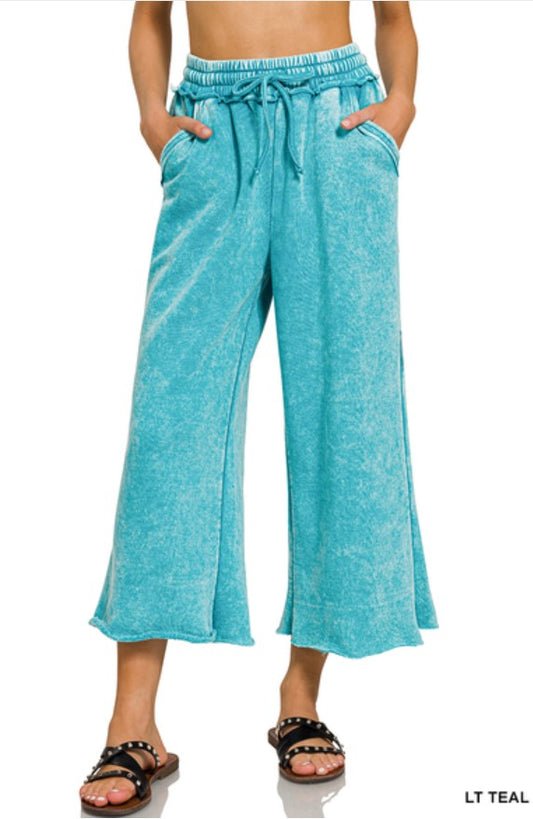 Zenana Acid Wash Fleece Palazzo Sweatpants With Pockets LT TEAL