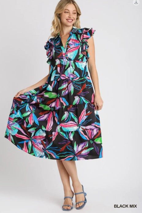 Leaf Print Tiered Midi Dress Black
