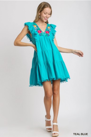 Embroidery Pom Pom Trim Ruffle Hem Dress Teal