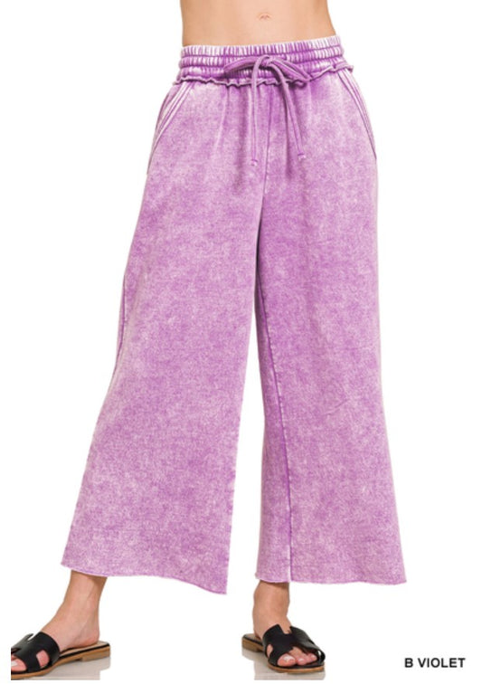 Zenana Acid Wash Fleece Palazzo Sweatpants With Pockets Violet
