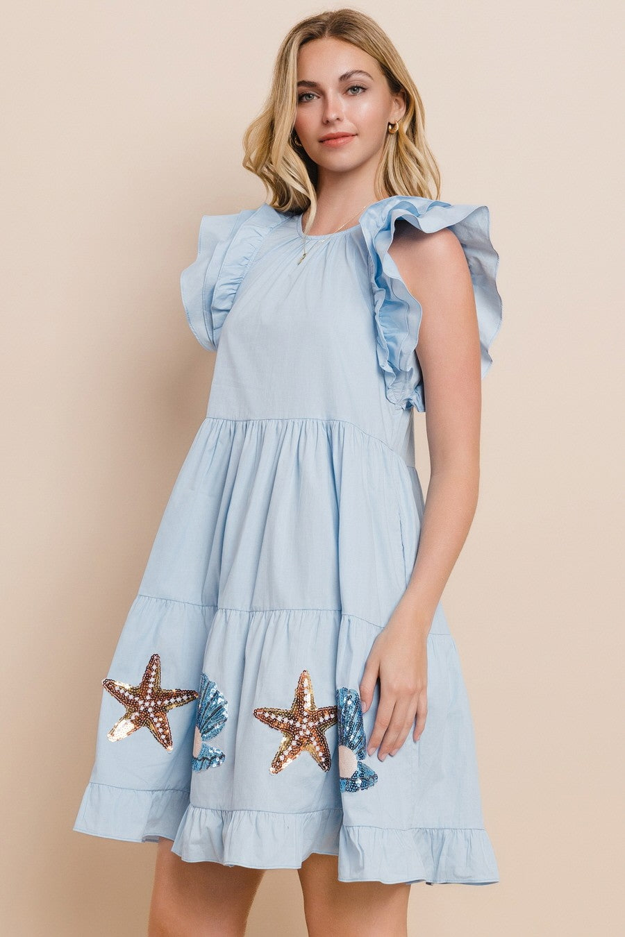 Seashell Sequin Patch Tiered Mini Dress