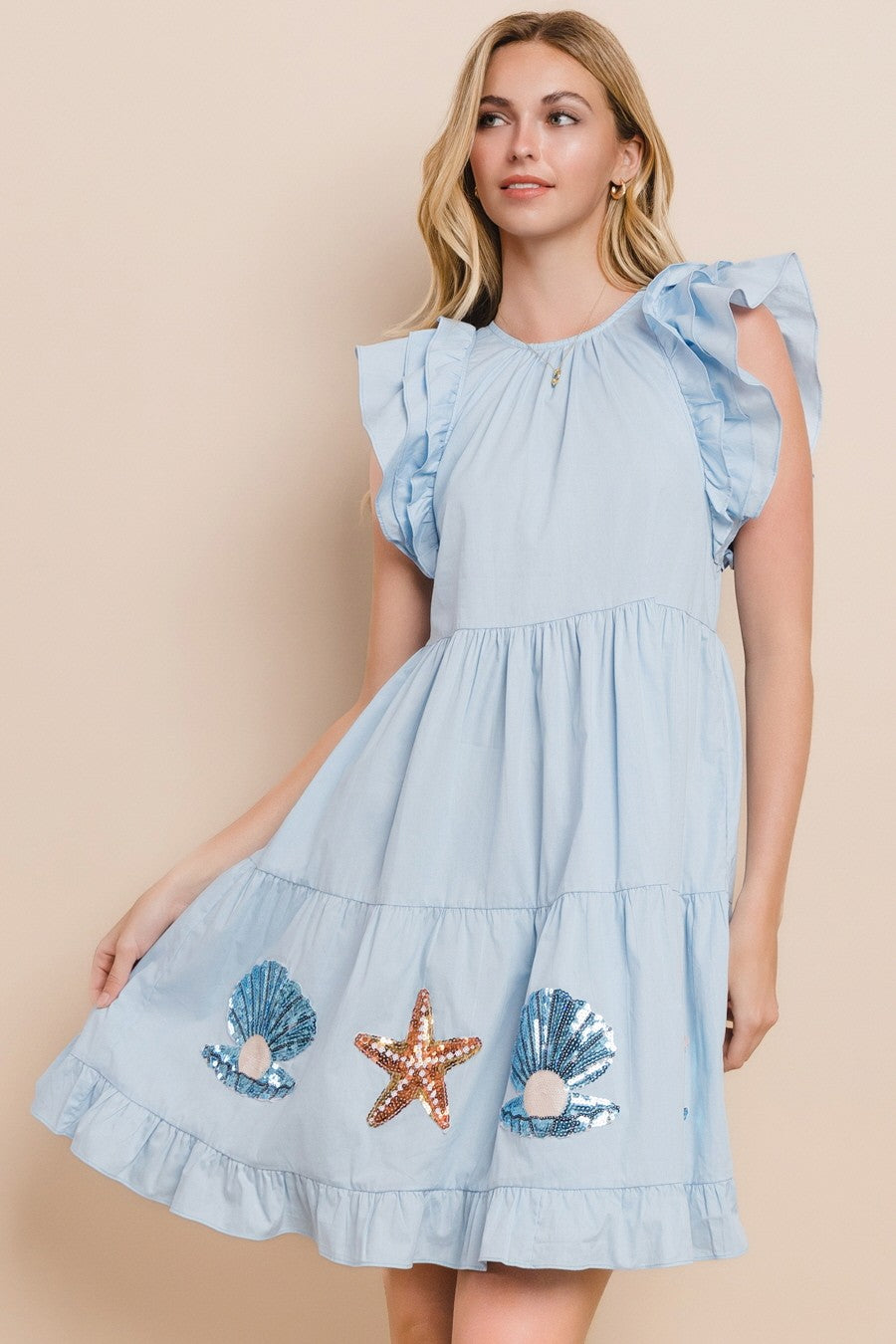 Seashell Sequin Patch Tiered Mini Dress