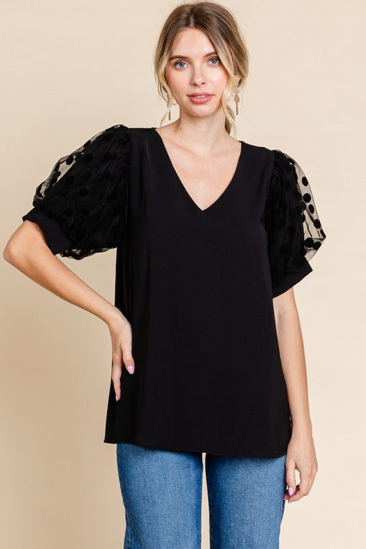 Solid Black Short Puff Sleeves Top