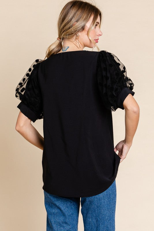 Solid Black Short Puff Sleeves Top