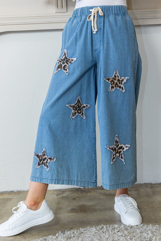 Star Patch Cropped Wide Leg Denim Pants