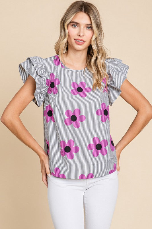 Striped Flower Print Top with Ruffle