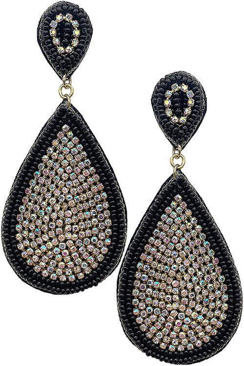 TEARDROP RHINESTONE PAVE SEED BEADS FRAME EARRING