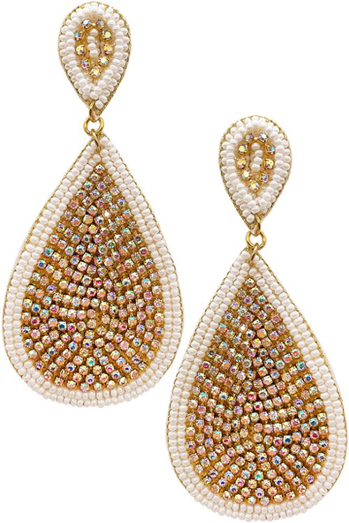 TEARDROP RHINESTONE PAVE SEED BEADS FRAME EARRING IVORY