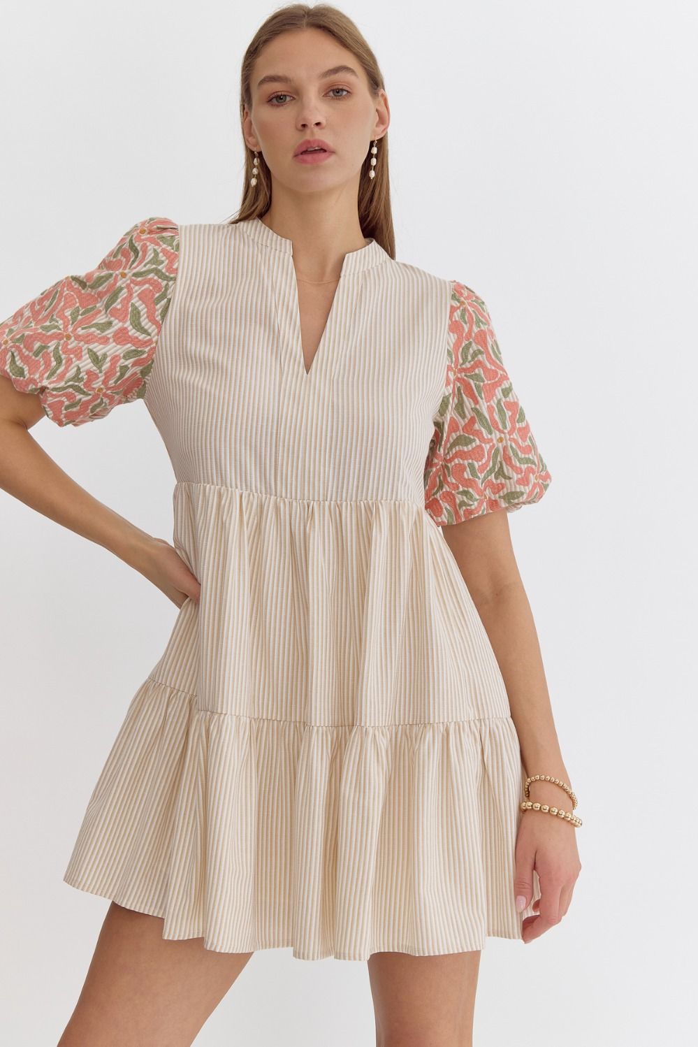 Sand Stripe Puff Sleeve Dress