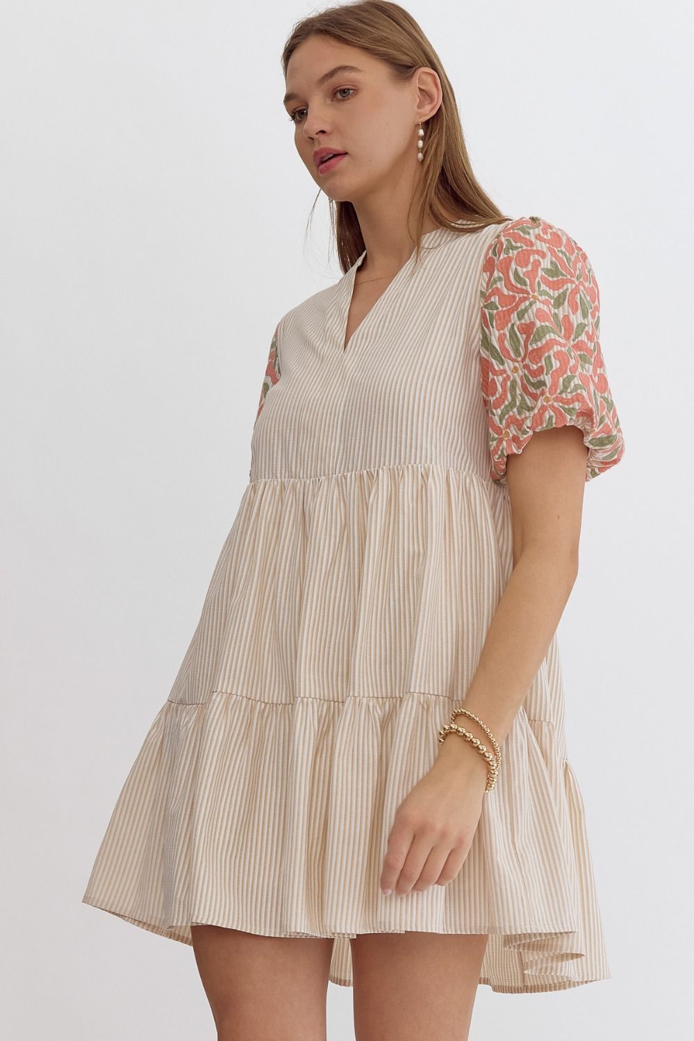 Sand Stripe Puff Sleeve Dress