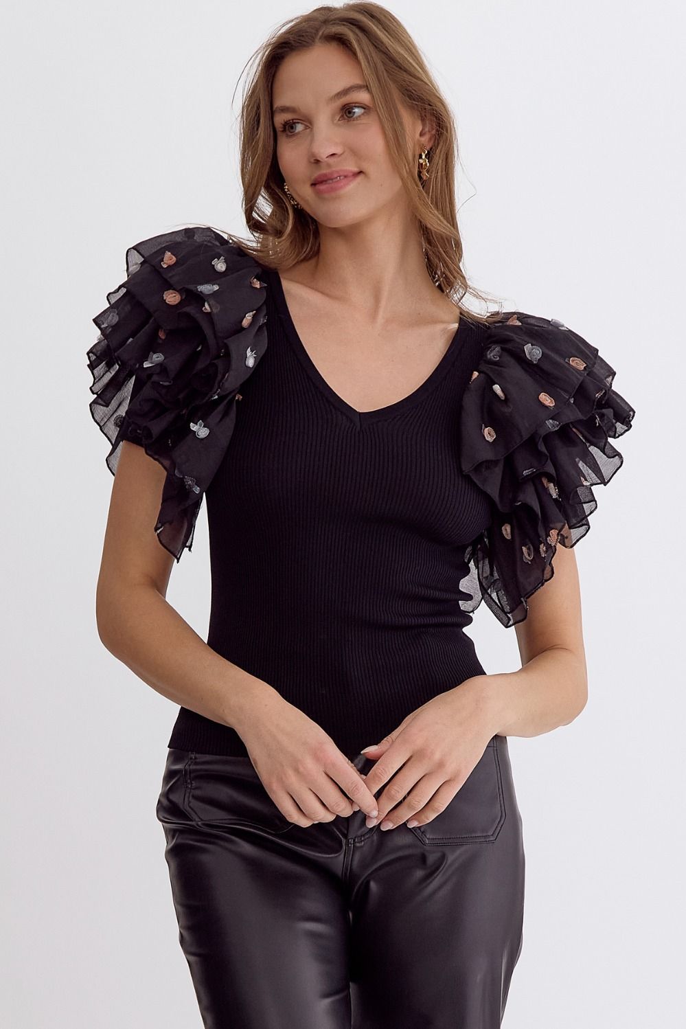 The Angel Wing Ribbed Top Featuring Polka Dot Ruffle