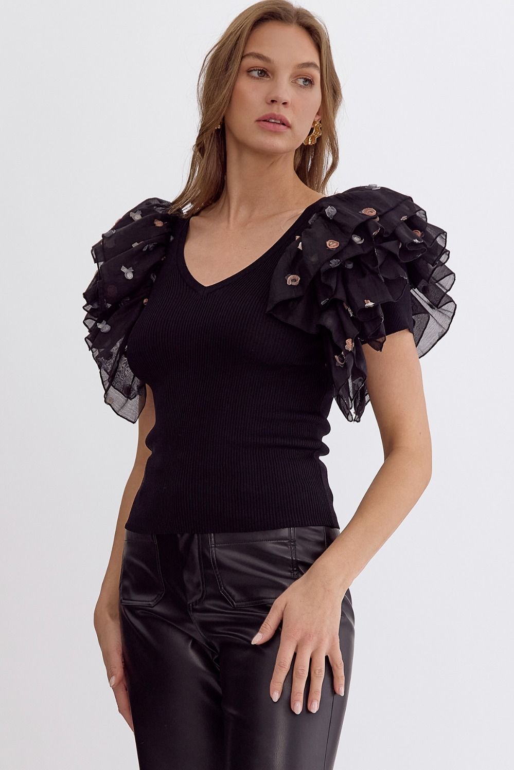 The Angel Wing Ribbed Top Featuring Polka Dot Ruffle