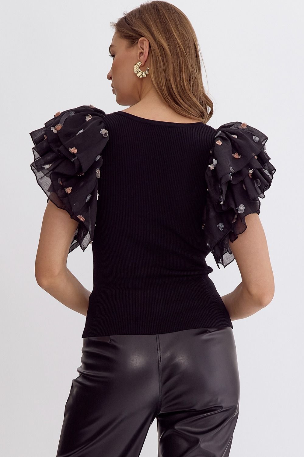 The Angel Wing Ribbed Top Featuring Polka Dot Ruffle
