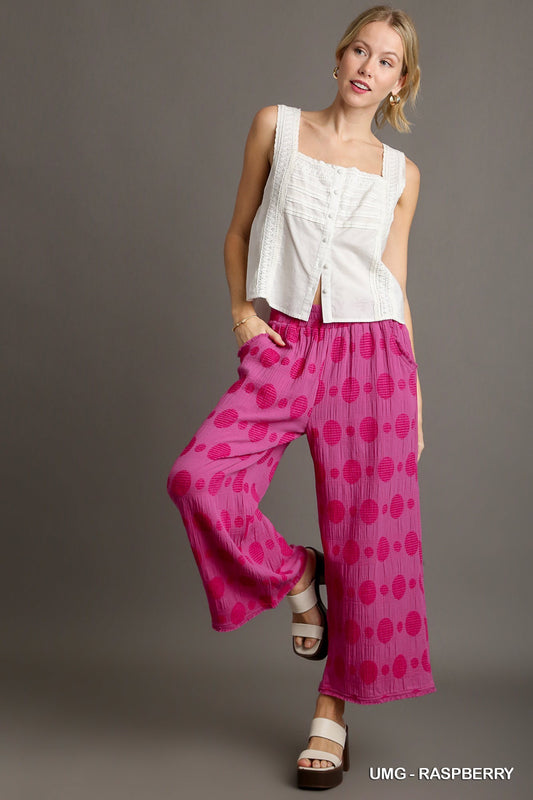 The Dotty Textured Polka Dot Wide Leg Pants in Raspberry