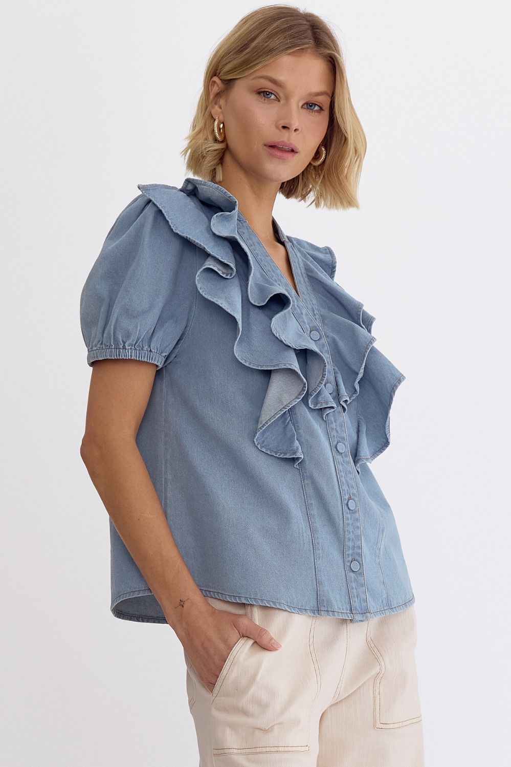 The Lola Denim V-Neck Button Up Short Sleeve Top