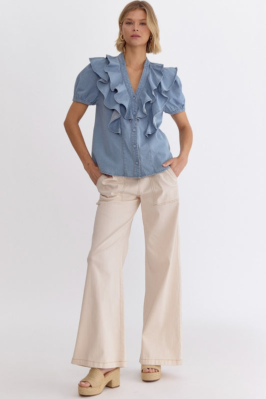 The Lola Denim V-Neck Button Up Short Sleeve Top